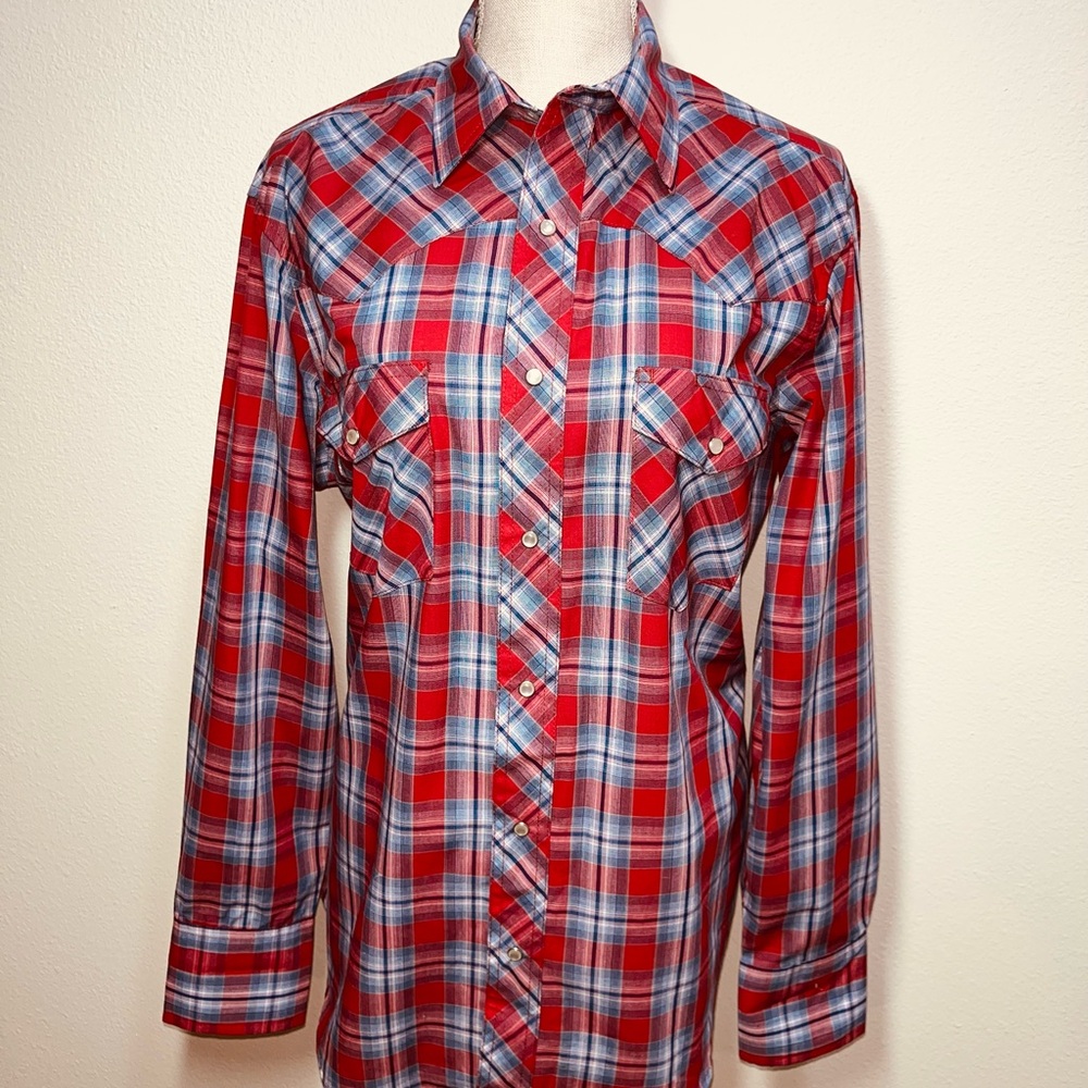 Wrangler Red and Blue Plaid Pearl Snap Rockabilly Rodeo Shirt